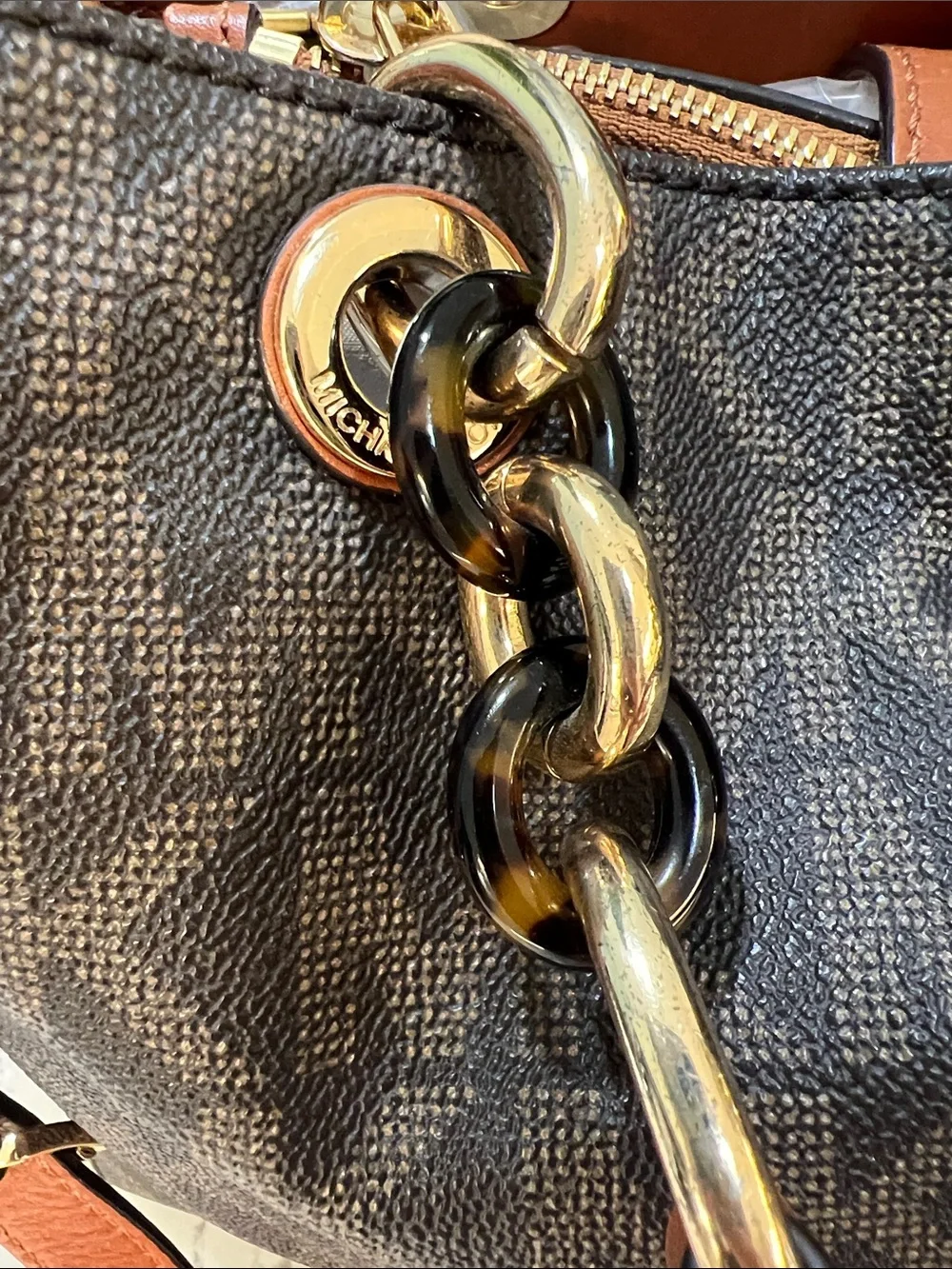 Michael Kors Brown MK Signature Shoulder Bag with Gold Hardware